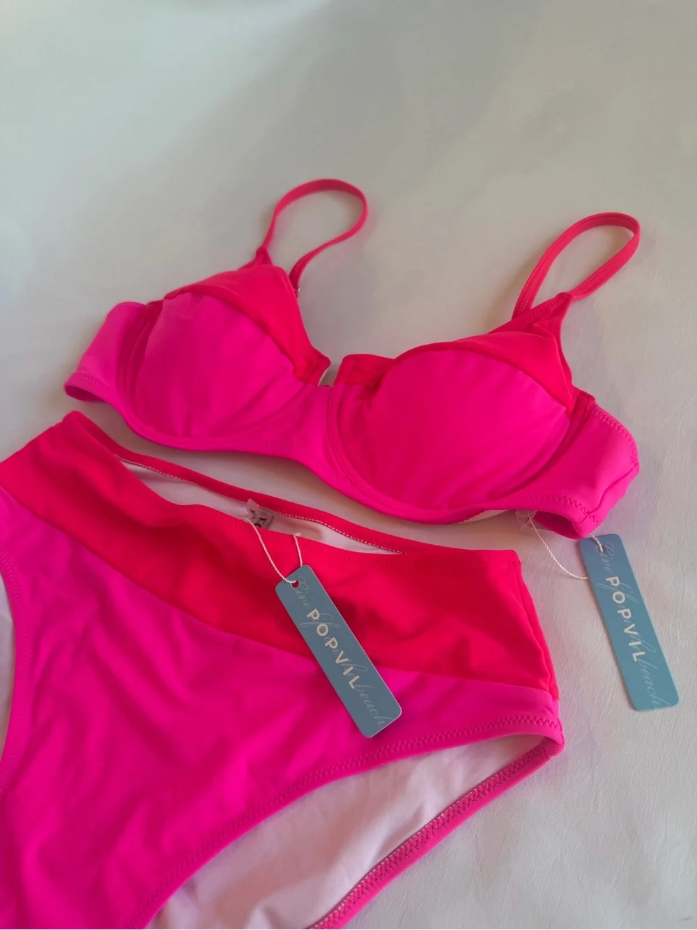 NWT Popvil Neon Pink High-Waist Bikini Set — Women Swim - M bottoms, L top